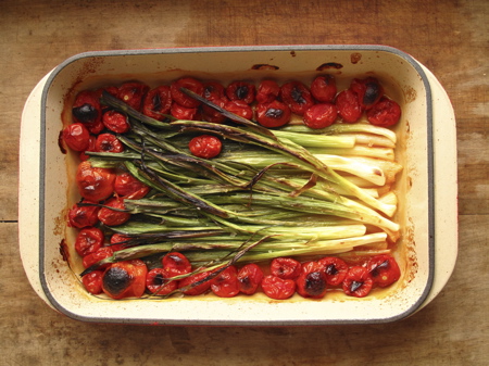 leeks tomatoes roasted baby leeks with tomatoes, olive oil, fleur de sel...just add toasted walnuts