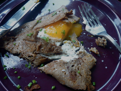 buckwheat crepe with creme fraiche, goat cheese and guinea hen eggs buckwheat crepe with creme fraiche, goat cheese and guinea hen eggs