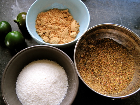ingredientsforpeppers cocount, dark peanut flour, and freshly ground spices