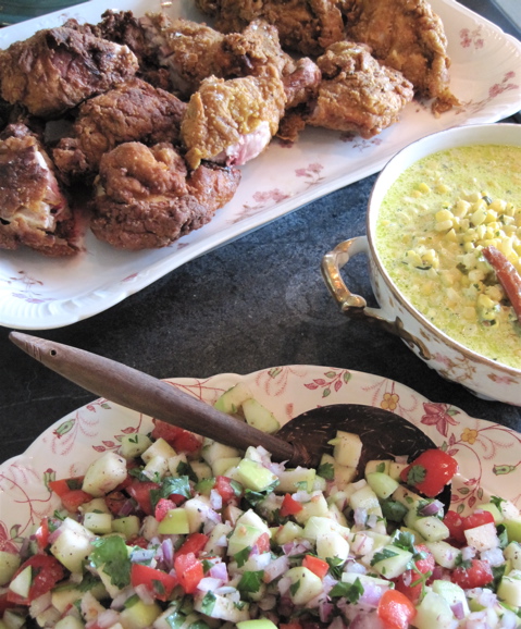 saladchicken Apple-Cucumber Salad, Corn Curry, Masala Fried Chicken