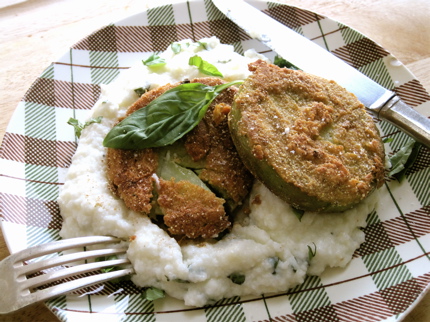 fried green tomatoes on basil goat cheese grits