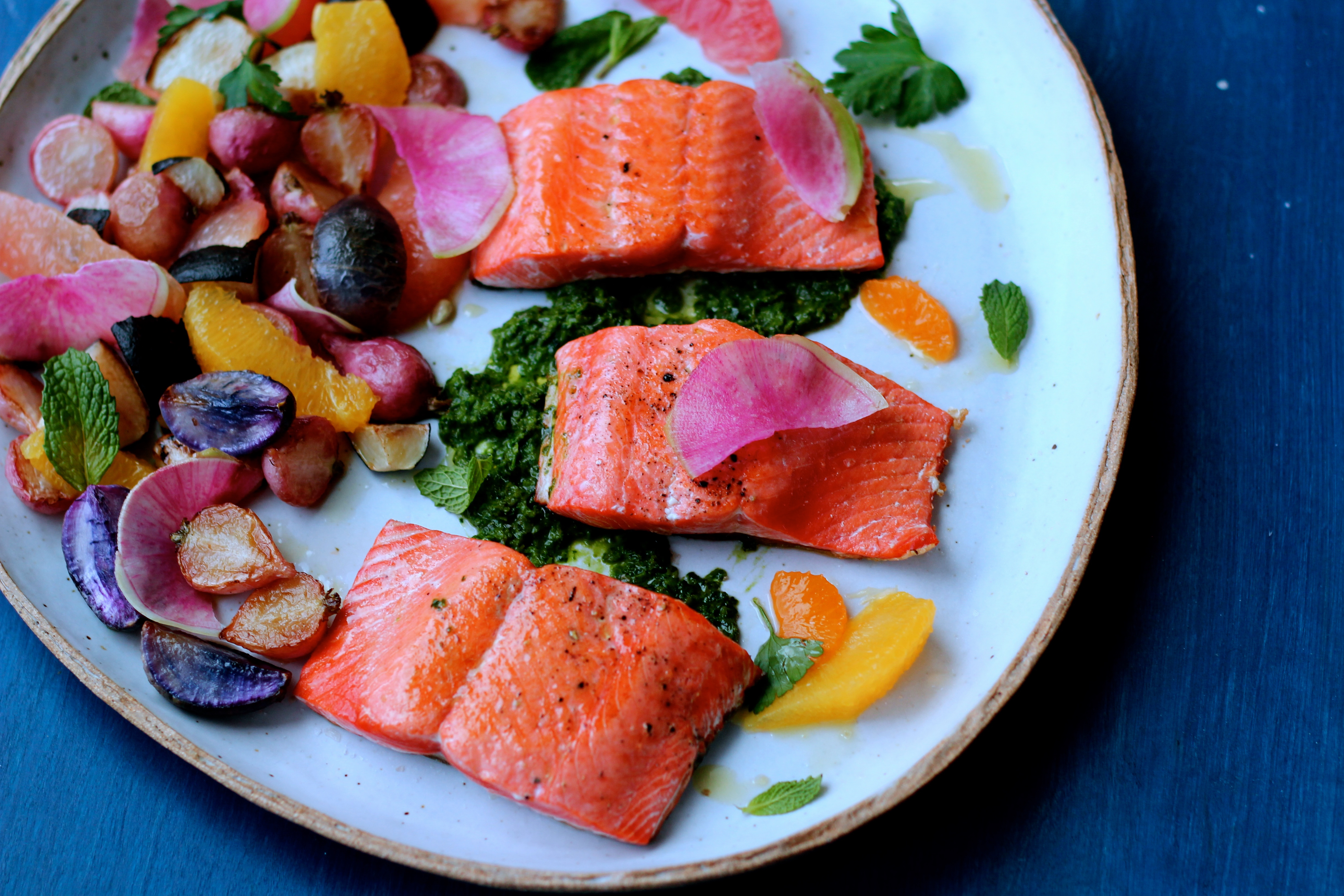 Featured image for “Pan-Seared Salmon with Citrus, Brown Butter Radishes, and Zhoug”