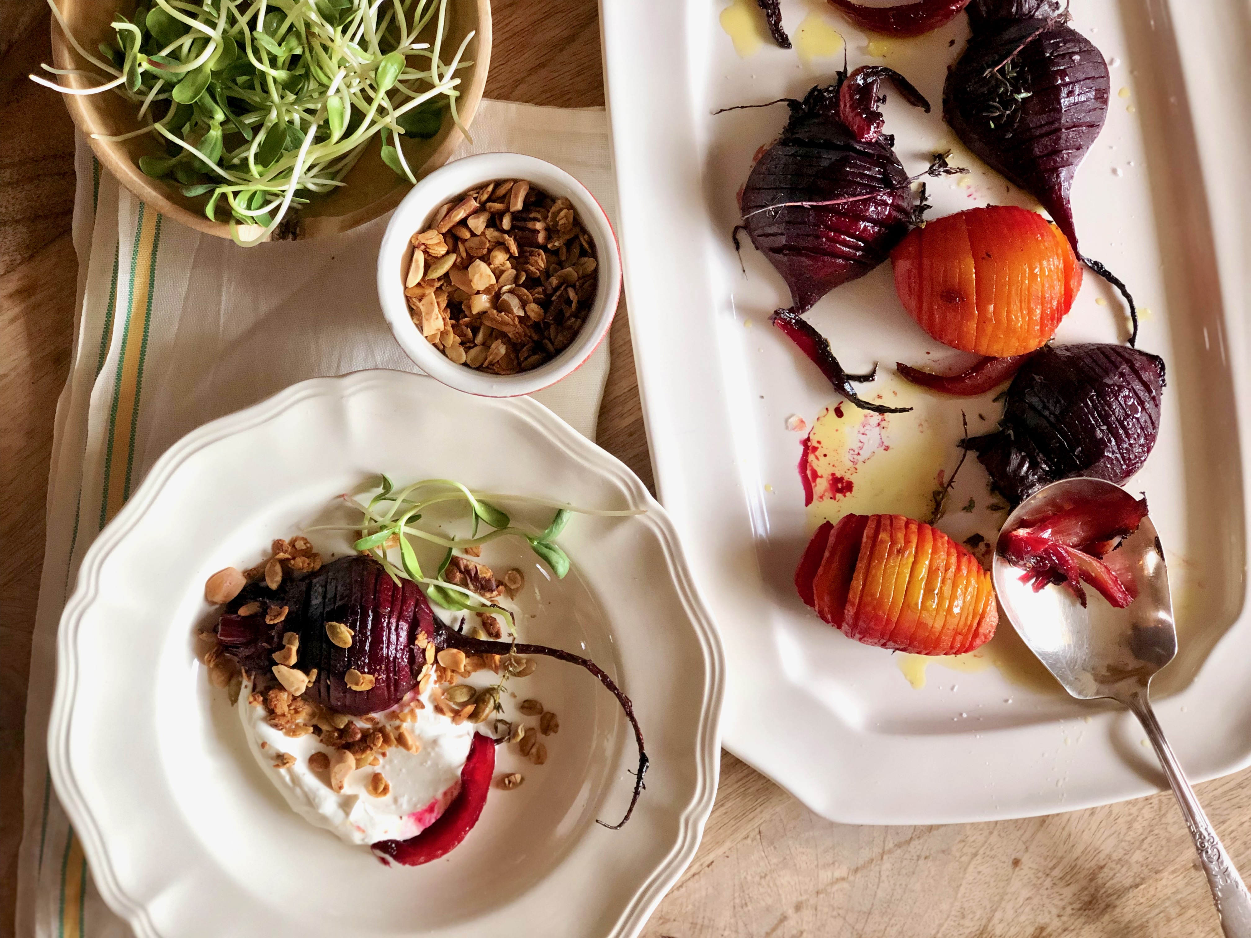 Featured image for “Hasselback Beets with Savory Granola and Orange Horseradish Cream”