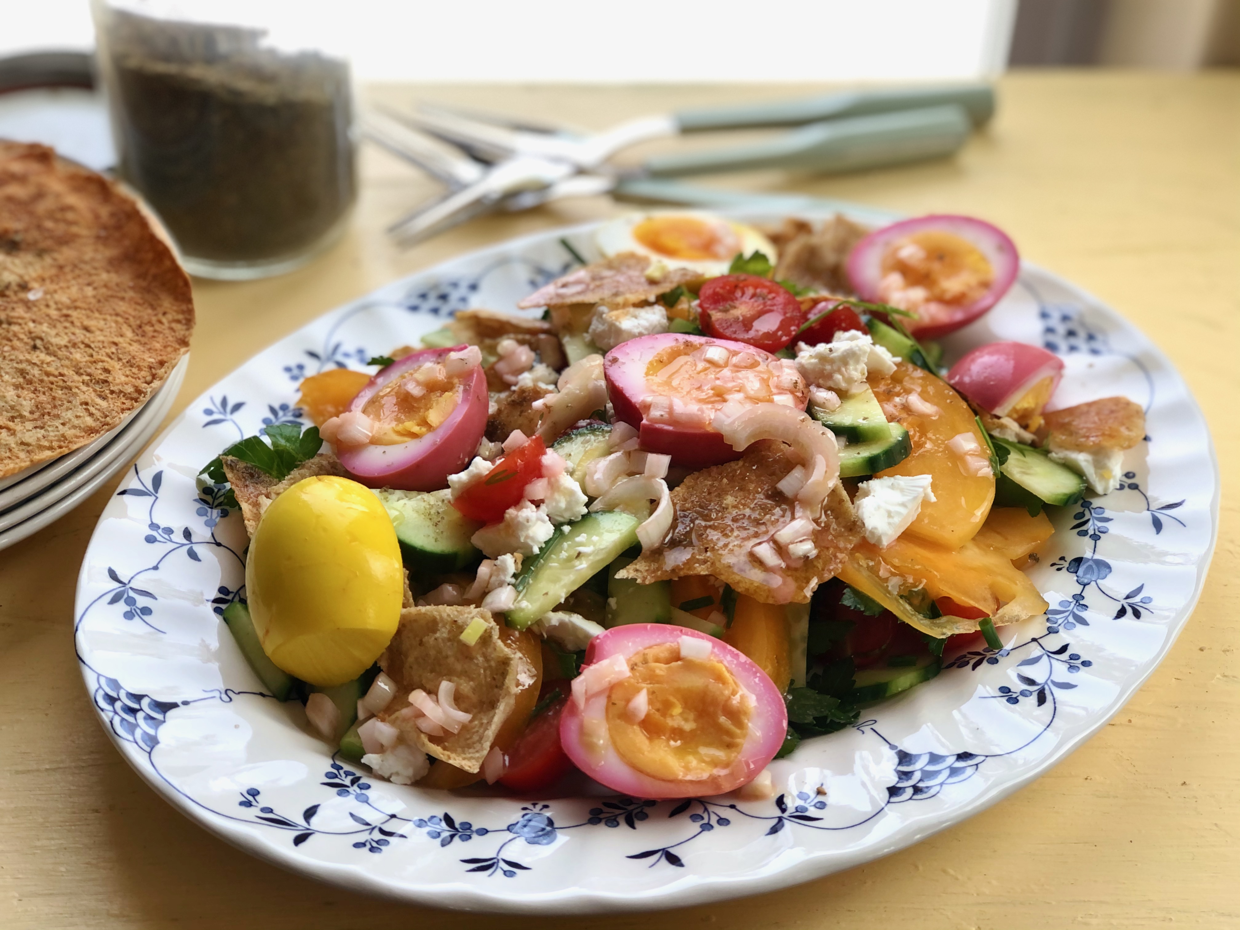 Featured image for “Rainbow Eggs and Toasted Pita Salad”