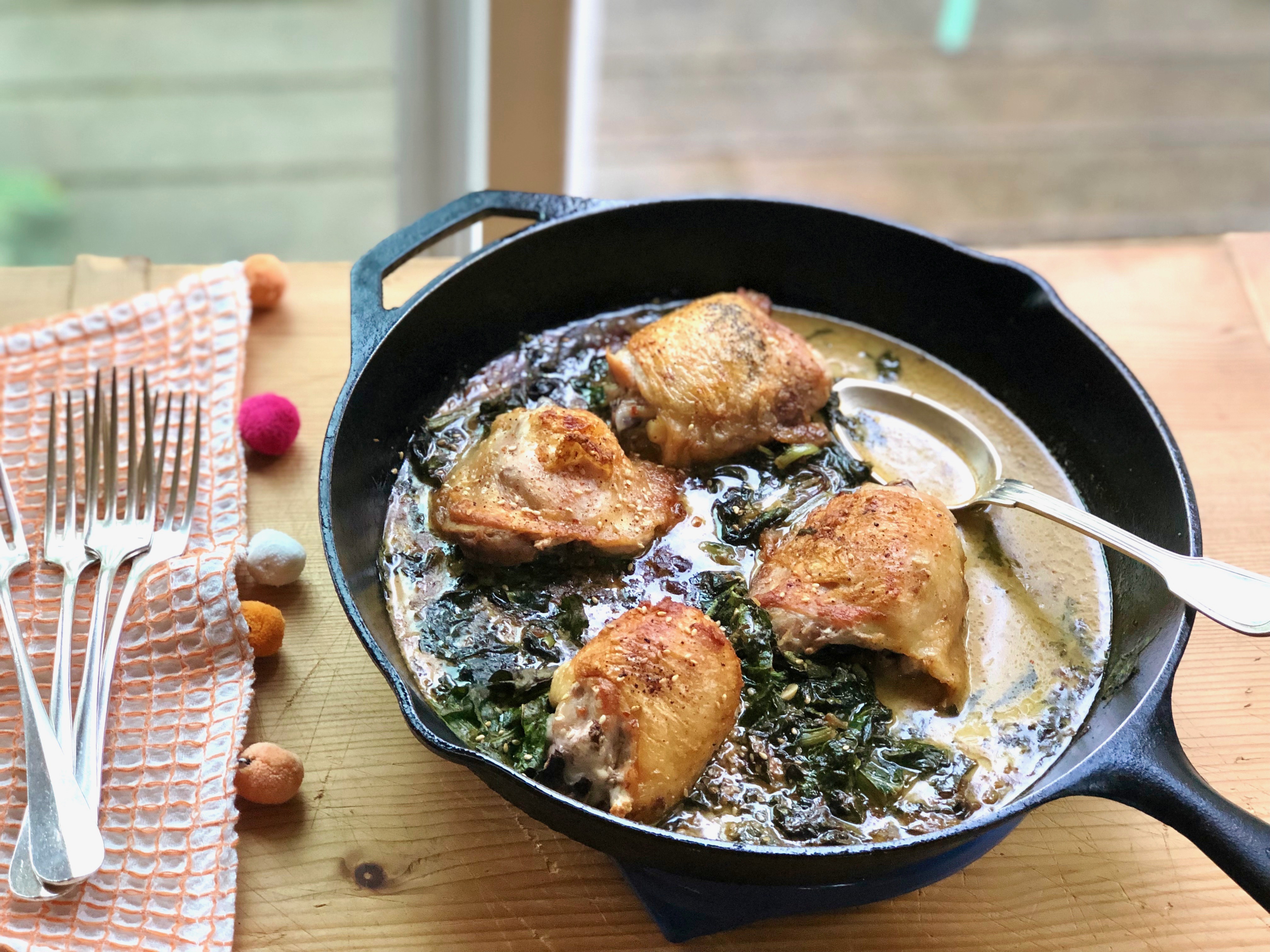 Featured image for “Crispy Chicken Thighs with Soy, Ginger and Swiss Chard”