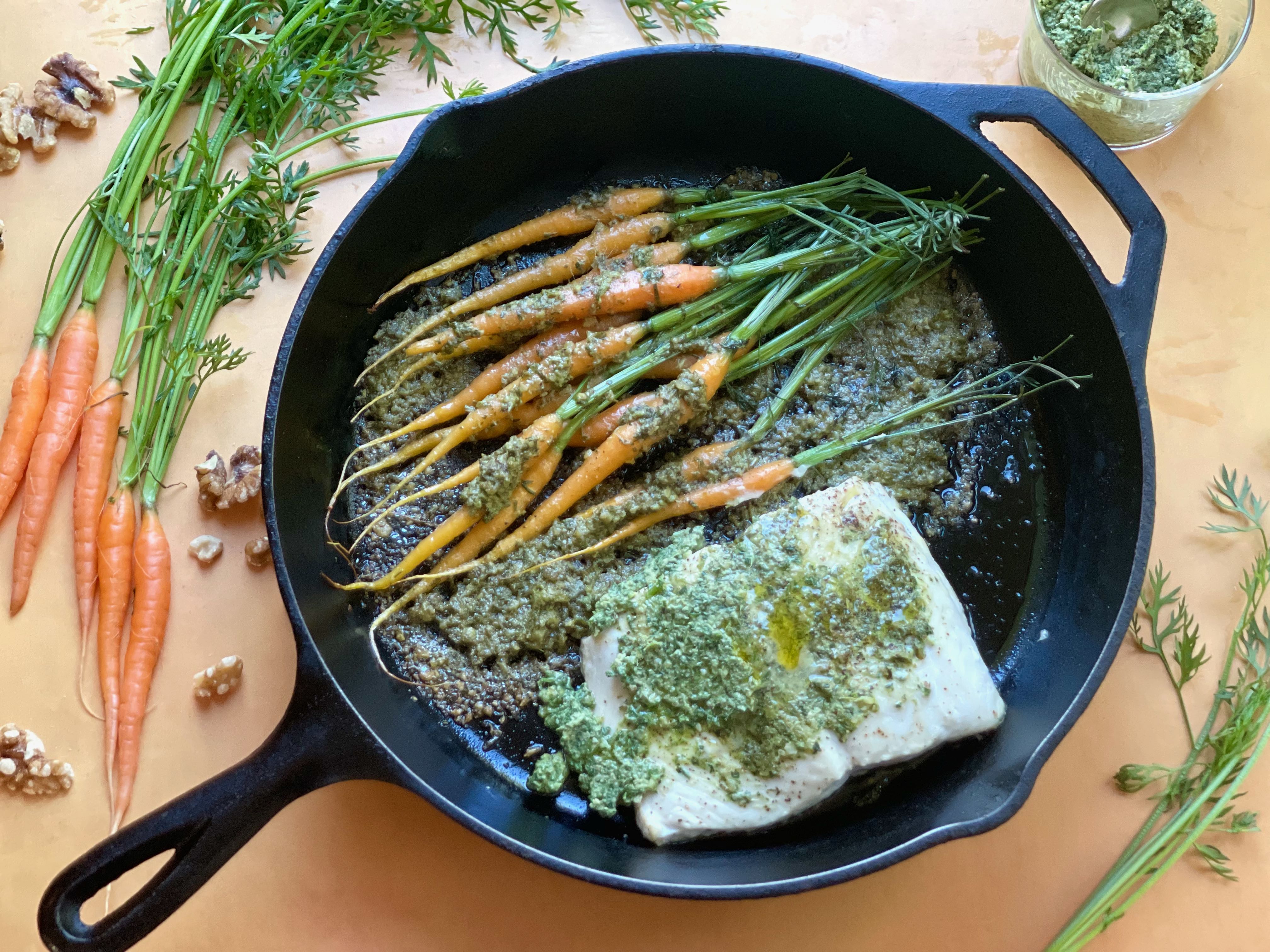 Featured image for “Roasted Salmon with Carrot Top Pesto”