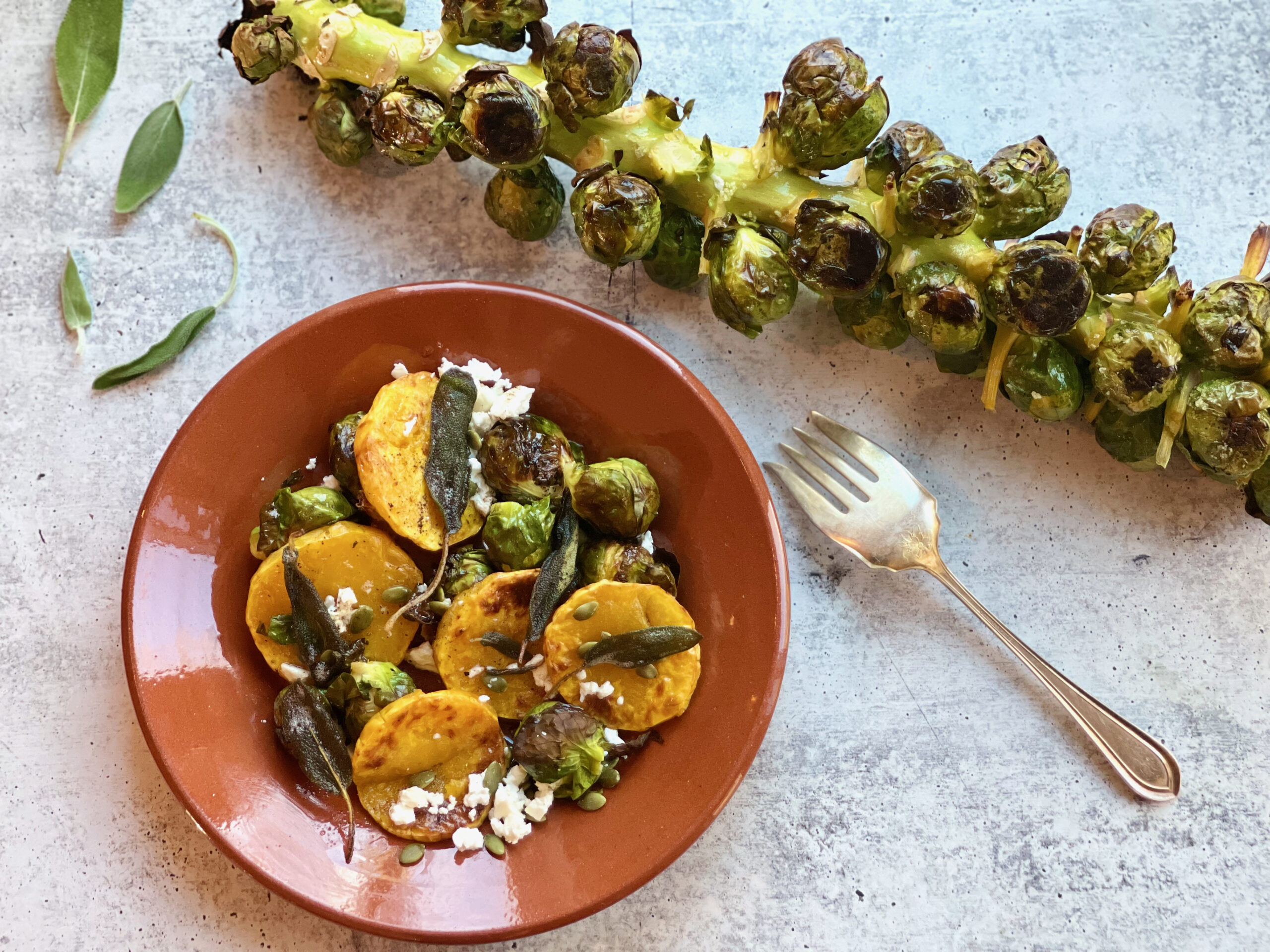 Featured image for “Roasted Brussels Sprouts and Squash with Brown Butter and Crispy Sage”